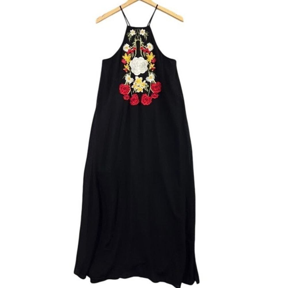 Gianni Bini Floral Embroidered Halter Maxi Dress Women's Small Black Bohemian